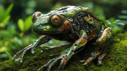 Obraz premium Frog robot sits amidst lush moss