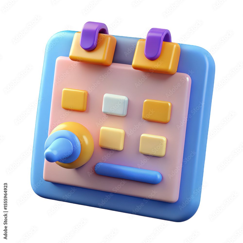 Poster colorful 3d render of a modern calendar app icon design with a cute joystick for scheduling and plan