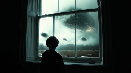 Child gazing at a mysterious alien landscape.