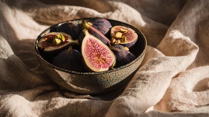 Flat lay of figs and pistachios in ceramic bowl, with crushed linen and sun flare