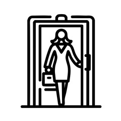 Woman with a determined mood entering a door representing opportunity