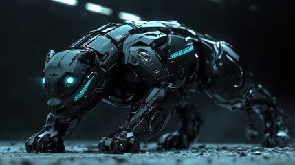 Fototapeta premium Dark futuristic panther robot, glowing eyes