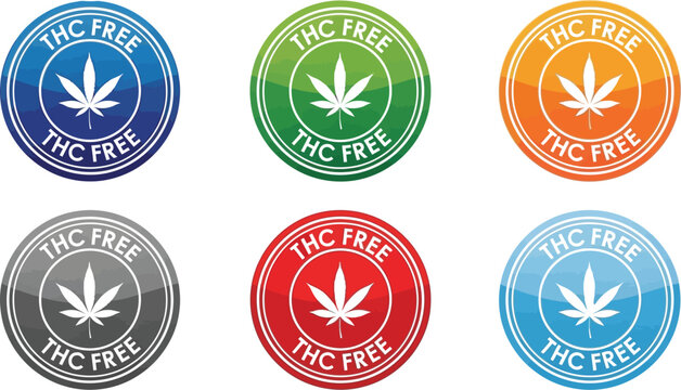 Assorted thc free cannabis leaf badges in various colors on white