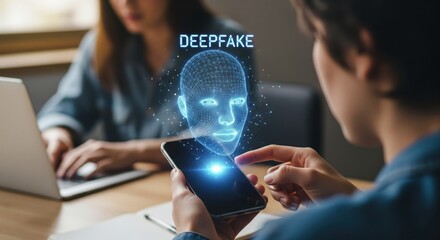 Deepfake Detection: A person attentively examines a phone, showcasing a digital deepfake visualization. A futuristic and conceptual image that unveils the dangers of digital manipulation.