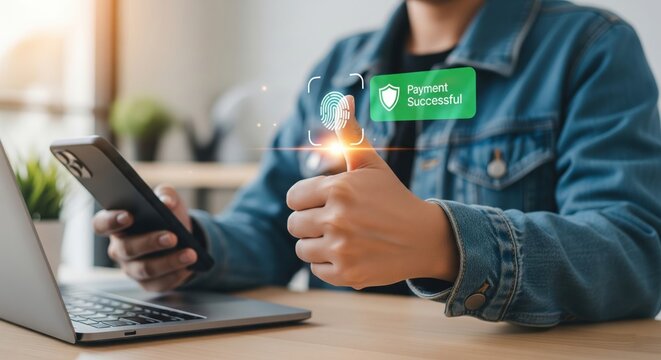Smart Device Success: A close-up shot showcases a hand with a thumbs-up gesture, signifying approval, near a glowing smartphone, with a virtual "Payment Successful" notification. - Powered by Adobe