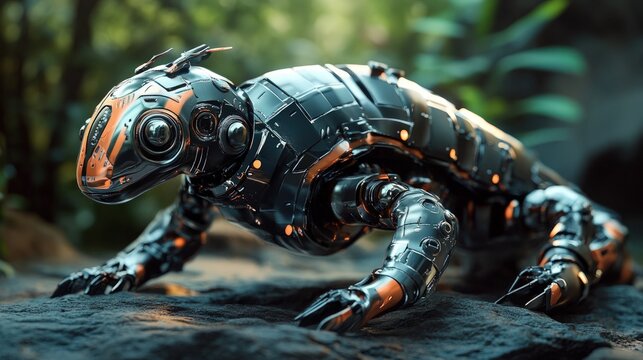 Metal lizard robot in a jungle setting