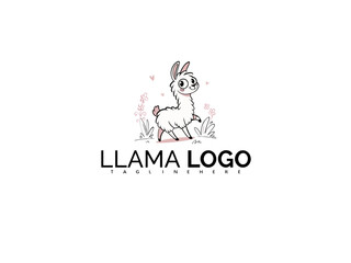 Adorable Kawaii Llama Logo Vector for a Children&rsquo;s Brand. Cute Cartoon Alpaca with Hearts and Stars, Ideal for Kids&rsquo; Clothing, Book Covers, and Playful Product Labeling Design.

