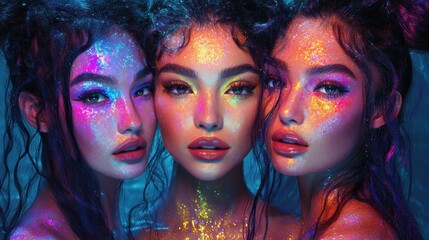 Obraz premium Futuristic neon portrait of three girls with glowing glasses in vibrant purple and pink hues