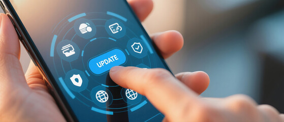 Finger pressing blue update button on smartphone screen with glowing icons mobile phone technology
