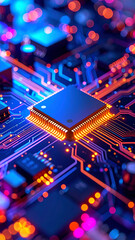 Obraz premium Electric Symphony: A futuristic, high-angle closeup unveils the intricate pathways of a motherboard, glowing with vibrant neon light.