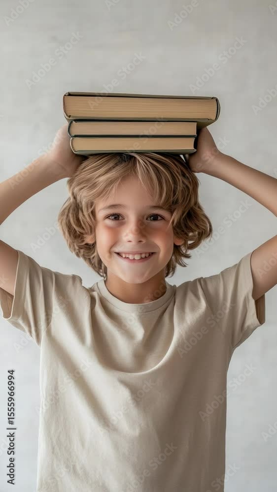 Poster cheerful elementary school student balancing a stack of books on his head, smiling brightly, and emb