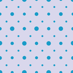 Cool blue polka dot seamless vector pattern on soft lilac background, trendy abstract repeat design for modern textile and wrapping paper.