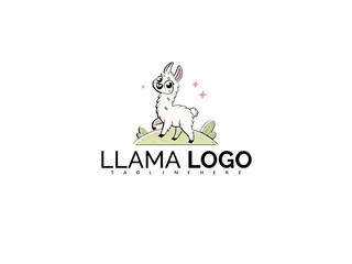 Fototapeta premium Kawaii Cartoon Llama Logo Design in Vector Style. Cute and Whimsical Alpaca Illustration for Kids Products, T-Shirts, or Nursery Decor. Great for Brand Identity and Fun Merchandise.