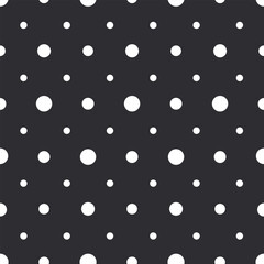 Stylish high-contrast polka dot seamless vector pattern in white on deep charcoal black background for fabric, gift wrap and digital design.