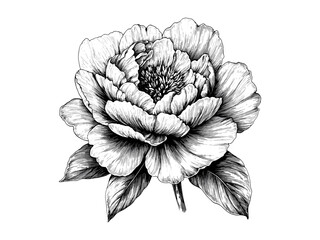Vintage botanical sketch, engraved spring peony flower, retro hand-drawn black ink artwork, seasonal garden decor, trendy floral motif, old engraving style, classic flower art © Vintage Studio