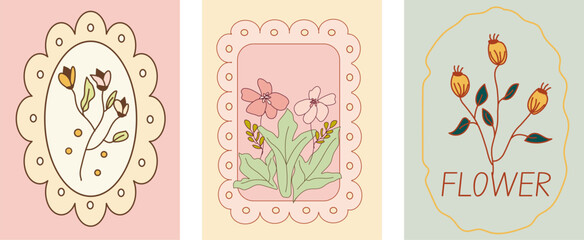 Vintage floral spring doodle hand drawn whemsical frame with wavy line set of cute cards or posters in coquette style.  Shabby chic pastel frames with flower leaves, tulip, pot. Vector illustration 