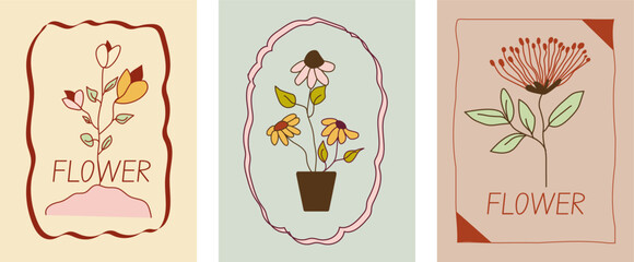 Vintage floral spring doodle hand drawn whimsical frame with wavy line set of cute cards or posters in coquette style.  Shabby chic pastel frames with flower leaves, tulip, pot. Vector illustration 