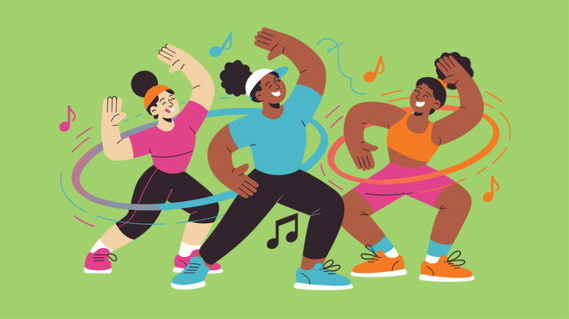 energetic women in a group dance fitness class, vector illustration for zumba or aerobics workout, active lifestyle and group cardio exercise