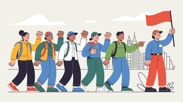 tour guide with flag leading a group of young travelers, vector illustration for a group tour, shared travel experience and guided city exploration