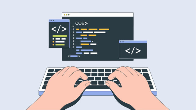developer hands typing on keyboard with code on screen, vector illustration for front-end development, web programming and software engineering