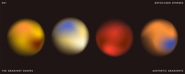 Y2K inspired color transition gradation circle shape set. Blurred yellow, orange, red gradient background. Abstract futuristic vector illustration isolated on black. Holographic blur iridescent color