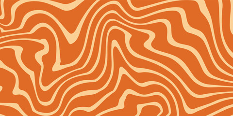 Retro caramel line background. Salted caramel liquid desert texture. Wavy swirl candy pattern for poster, cover, banner, pamphlet. Orange hippie wallpaper in