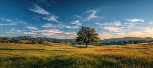 Solitary tree in expansive golden meadow, under a vibrant blue sky with wispy clouds, backed by distant rolling hills