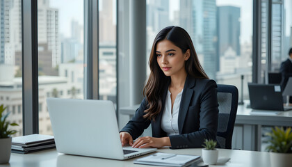 Confident businesswoman at her modern office desk, working on her laptop with city skyline view, inside spacious workspace