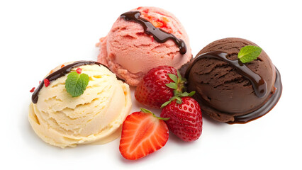Three scoops of delicious ice cream with strawberries and chocolate syrup isolated on white background