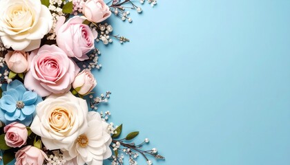 Floral arrangement display studio image of roses and flowers bright blue background close-up view aesthetic beauty and elegance