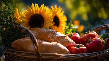 Sun-drenched basket of produce with baguette and sunflowers, early afternoon glow