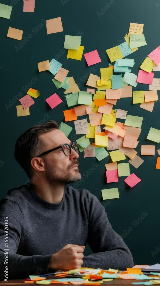 Poster Pensive businessman is looking at colorful sticky notes on a blackboard, generating new ideas for a project, demonstrating brainstorming and problem solving in a creative office environment