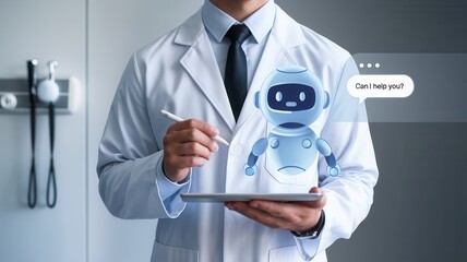 Doctor consulting with AI assistant on tablet for diagnosis and healthcare advice
