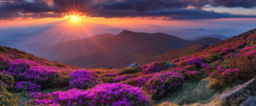 Rhododendron Blooms at Sunset Over Mountain Ridges, Appalachian Highlands Landscape Scenic View