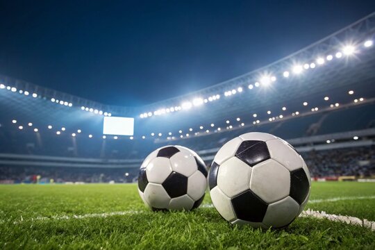 Two footballs on stadium field under night lights. Ideal for sports betting, analytics, match preview, league data, team strategy, and online competition themes.