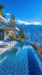 Fototapeta premium A view of the hills from an infinity pool with la white lounge chairs, overlooking distant mountains