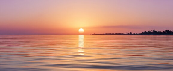 Naklejka premium Serene Sunset Over Calm Ocean Reflecting Light, Island Silhouette in Distance, Dreamy Hues
