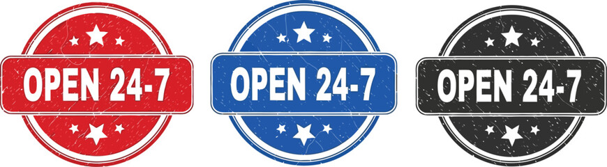 Three open twenty four seven signs in red blue and black color scheme