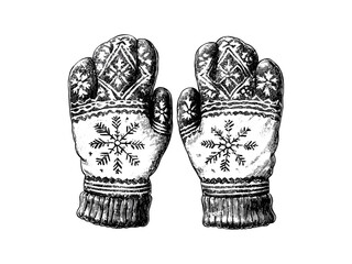 Christmas mitten engraving with snowflakes, vintage winter accessory sketch, retro holiday fashion, cozy seasonal decor, trendy cold weather illustration, old style engraving art, festive design