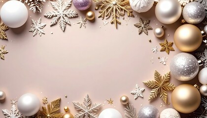 Christmas decor featuring gold and silver ornaments with snowflakes festive atmosphere holiday celebration close-up view