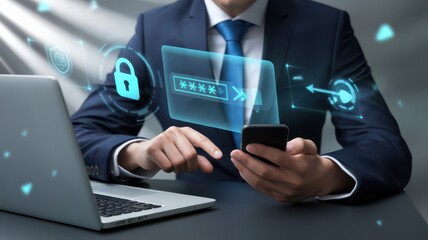 Modern business professional interacting with secure digital interfaces online