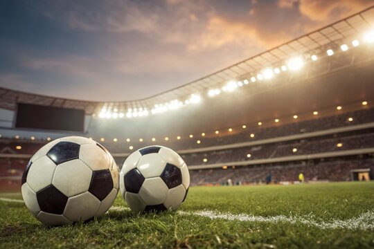 Two footballs on stadium field under night lights. Ideal for sports betting, analytics, match preview, league data, team strategy, and online competition themes.