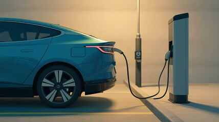 Power supply connected to electric vehicle charge battery. Sustainable EV charging station for electric car or Plug-in hybrid car. Renewable automotive innovation and technology concepts