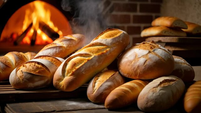 Freshly baked artisan bread emerges from a traditional brick oven. The golden crusts reflect the warmth and craftsmanship involved in creating each loaf