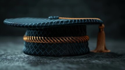 Dramatic Close Up Of Dark Blue Graduation Cap with a Golden Tassel on Dark Gray Textured Background