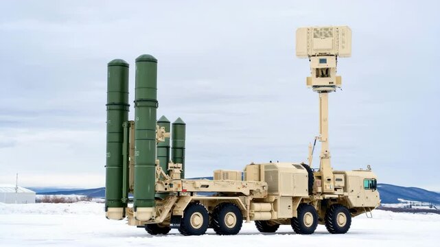 An advanced missile system is set up at a military installation surrounded by snow. The impressive machinery showcases its capabilities under overcast skies