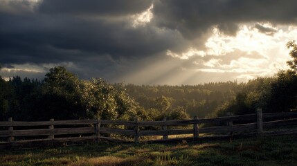 Sunlight Through Storm Clouds Over Farm Fence, Forest Background, Rural Countryside Scenery Landscape