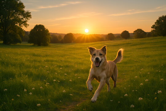 Happy Dog Running Through Meadow at Sunset