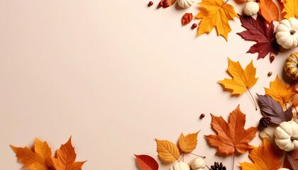 Autumn leaves and pumpkins decoration fall season still life photography home setting top-down view nature's beauty