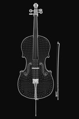 Naklejka premium A detailed black and white drawing of a cello on a dark background, featuring intricate strings and a bow placed beside it. The elegant instrument stands out with its smooth curves and precise.